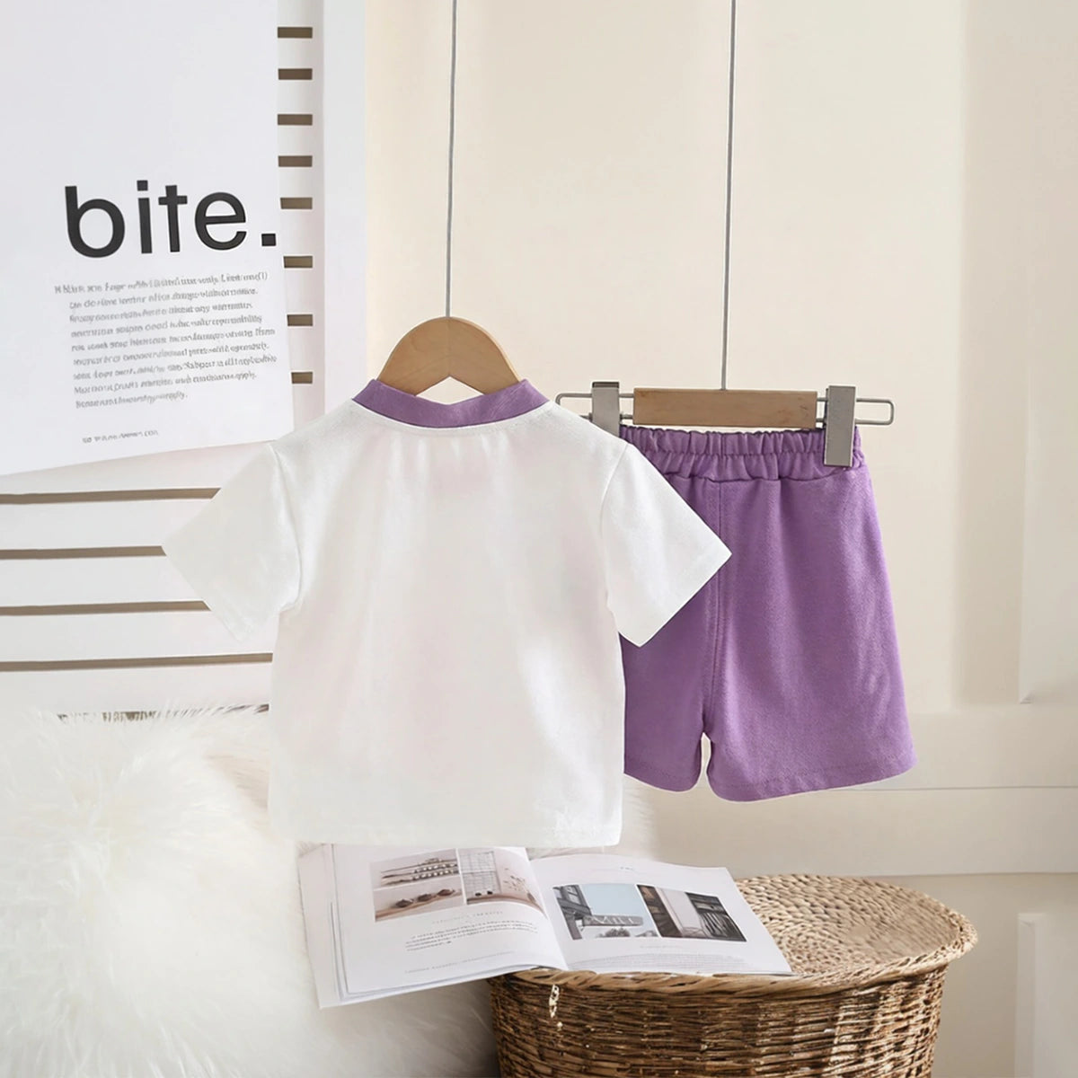 Girls Purple Flower Print Short Sleeves T-Shirt With Shorts Set Sets