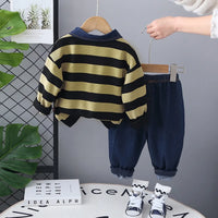 Boys Green Stripes Polo Sweatshirt With Denim Pants Set Sets