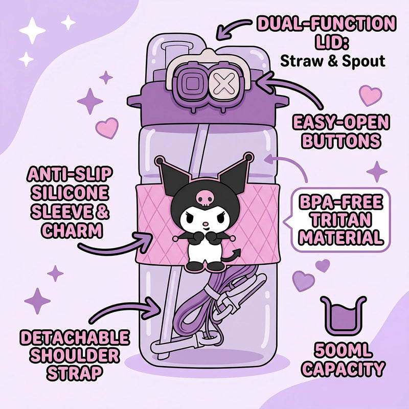 Cute Kids Purple Dual Spout Water Bottle with Straw, Leakproof Lid & Adjustable Strap Trending Accessories