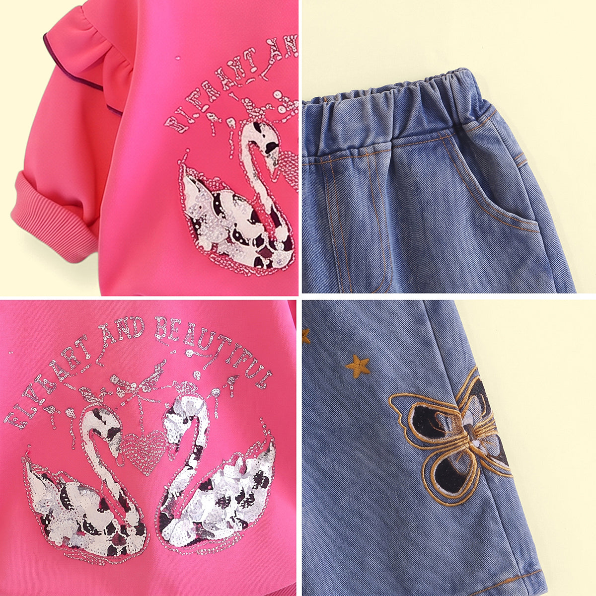 Girls Fuchsia Graphic Ruffled Sweatshirt & Denim Pants Sets Sets