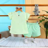 Girls Light Green Floral Graphic Short Sleeves Top With Drawstring Shorts Sets Sets