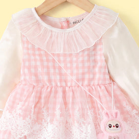 Girls Pink Checked Long Sleeve A-line Dress Casual Dresses
