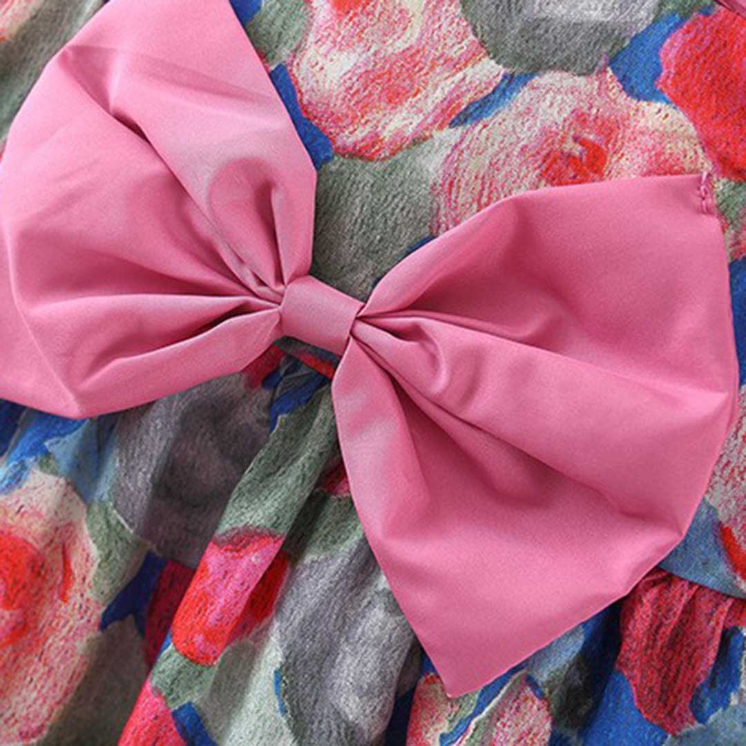 Girls Sleeveless Floral Printed Dress With Bow Casual Dresses   
