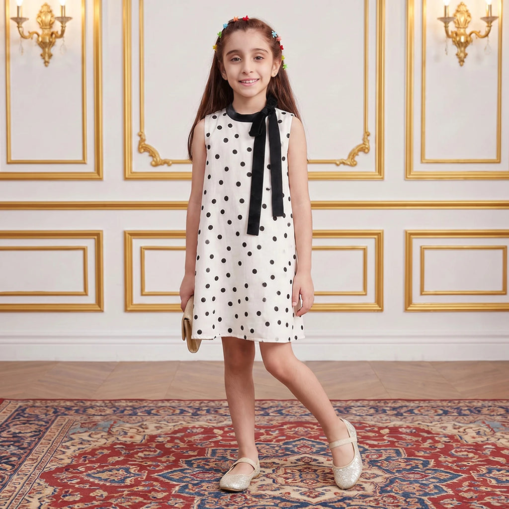 Girls Off White Polka Dot Print Sleeveless A-line Dress Casual Dresses Off White 1-2 Y
