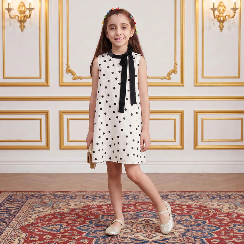 Girls Off White Polka Dot Print Sleeveless A-line Dress Casual Dresses Off White 1-2 Y