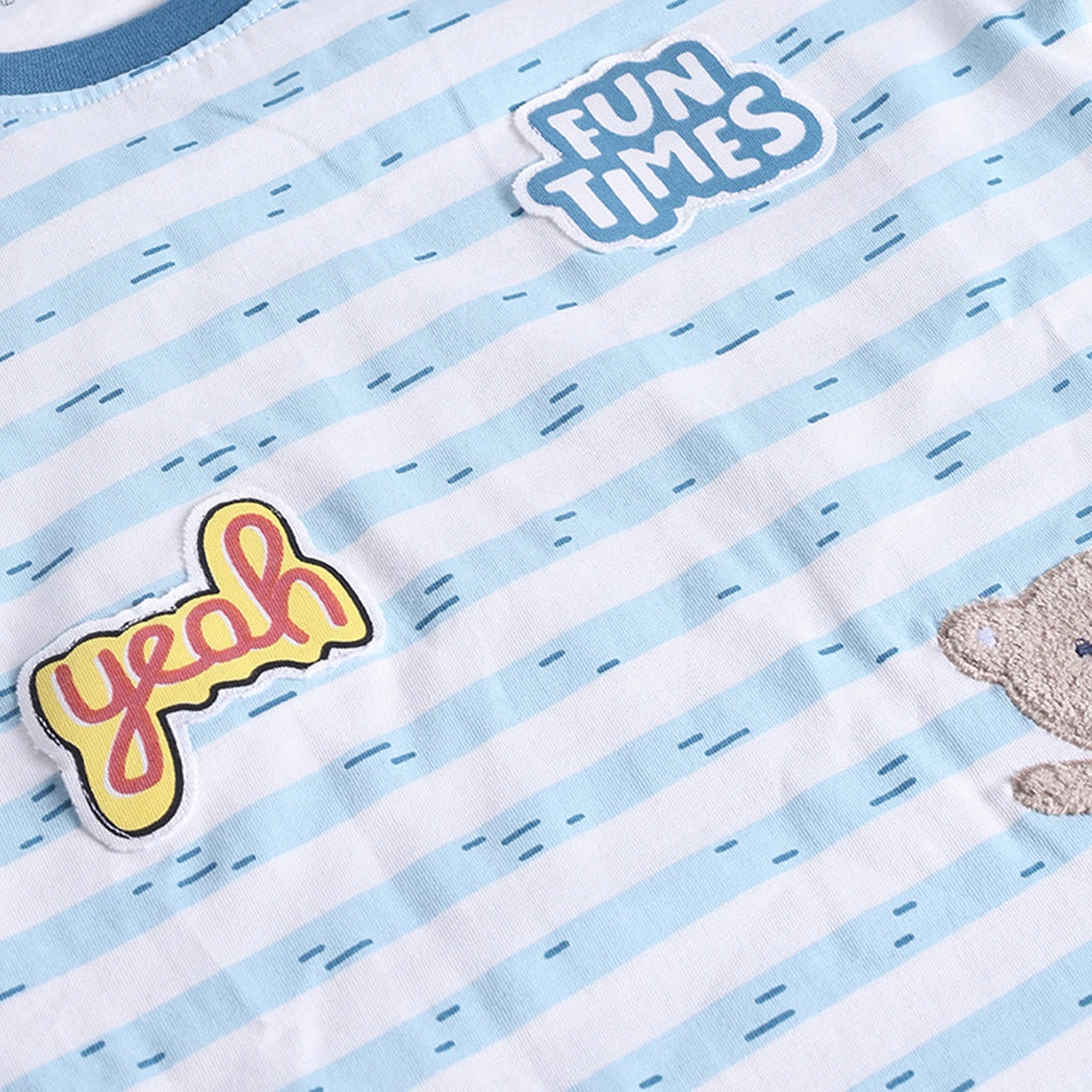 Boys Sea Green Cartoon Applique Stripes T-Shirt With Elasticated Shorts Sets 2 pc. Sets