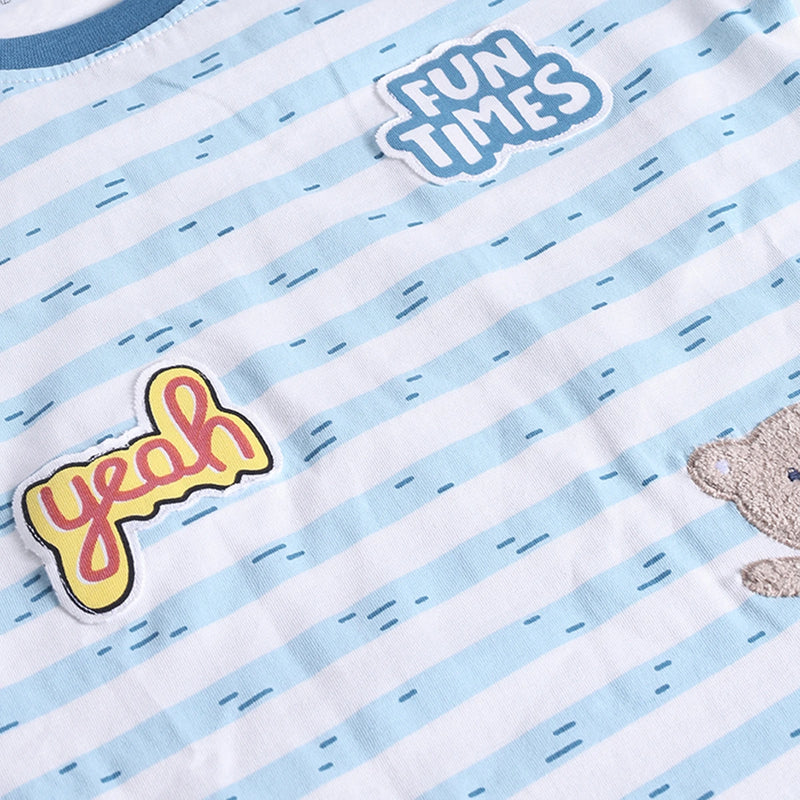 Boys Sea Green Cartoon Applique Stripes T-Shirt With Elasticated Shorts Sets 2 pc. Sets