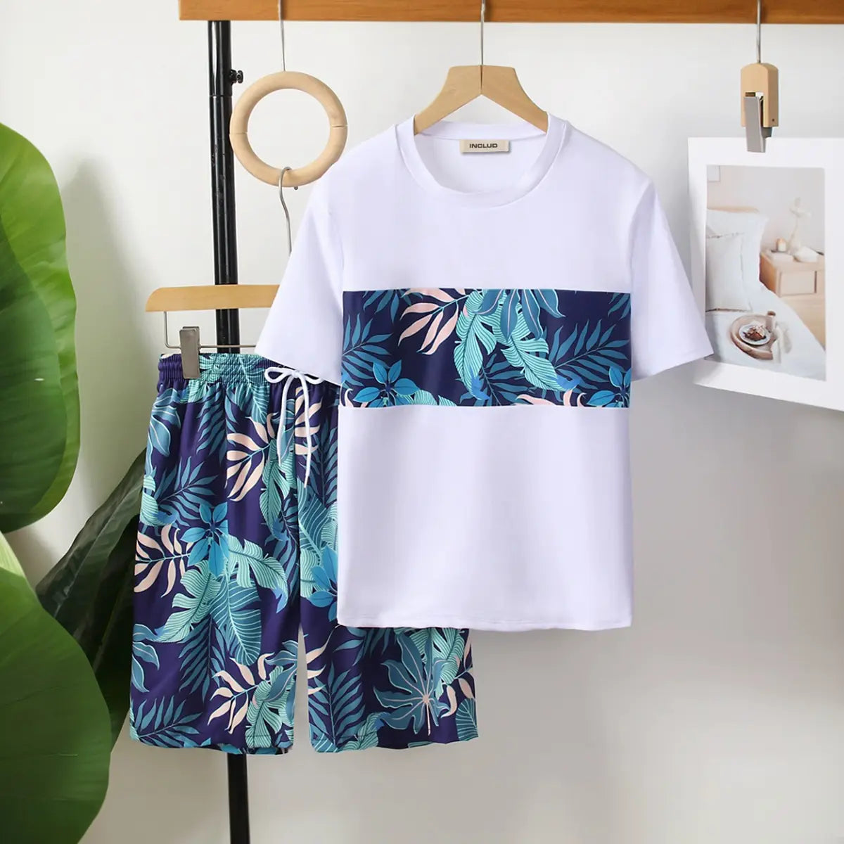 Boys White Tropical Printed Short Sleeves T-Shirt & Shorts Swimsuit Sets Sets White 12-13 Y
