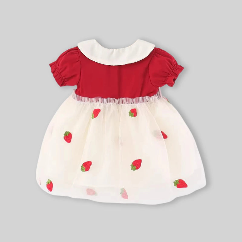 Girls Red Strawberry Embroidered Tulle Overlay Fit & Flare Dress With Puff Sleeves Casual Dresses
