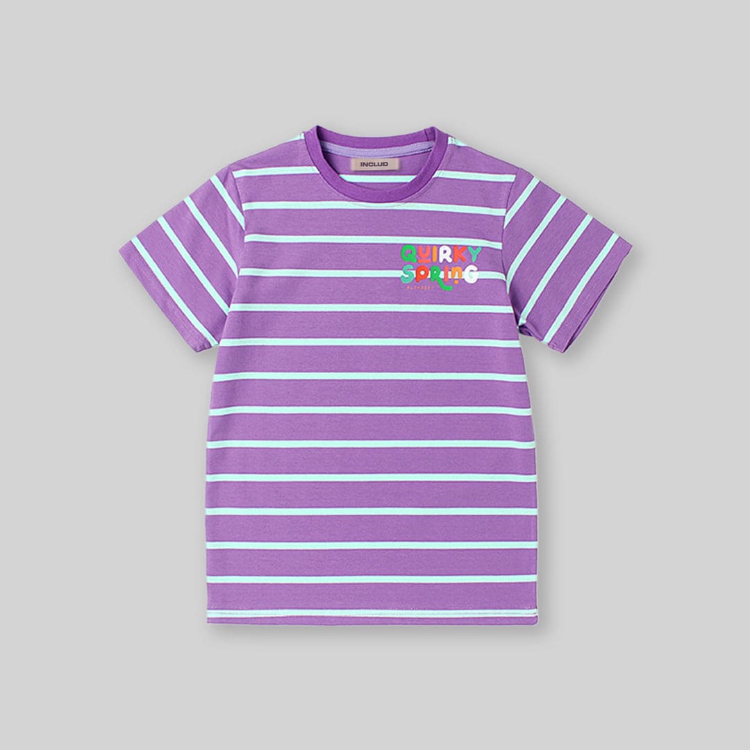 Girls Striped Short Sleeves T-Shirt Tshirts Purple 6-7 Y 