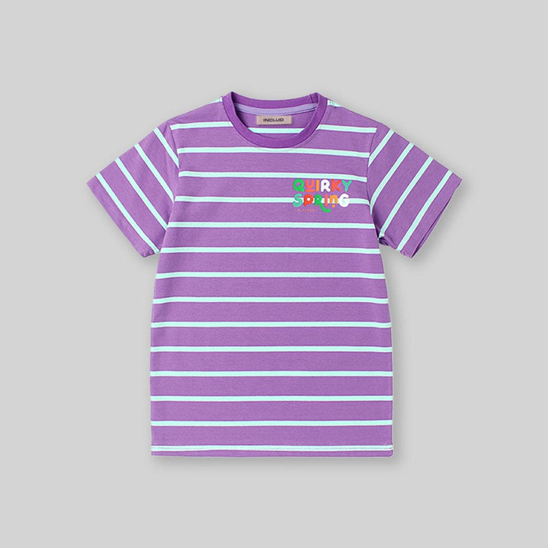Girls Striped Short Sleeves T-Shirt Tshirts Purple 6-7 Y 