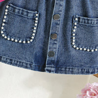 Girls Fuchsia Embellished Ribbed Sleeveless Top With Denim Skirt Sets Sets