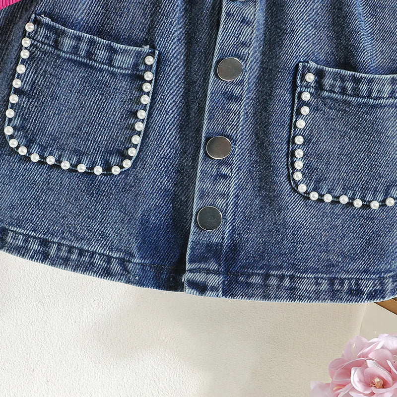 Girls Fuchsia Embellished Ribbed Sleeveless Top With Denim Skirt Sets Sets