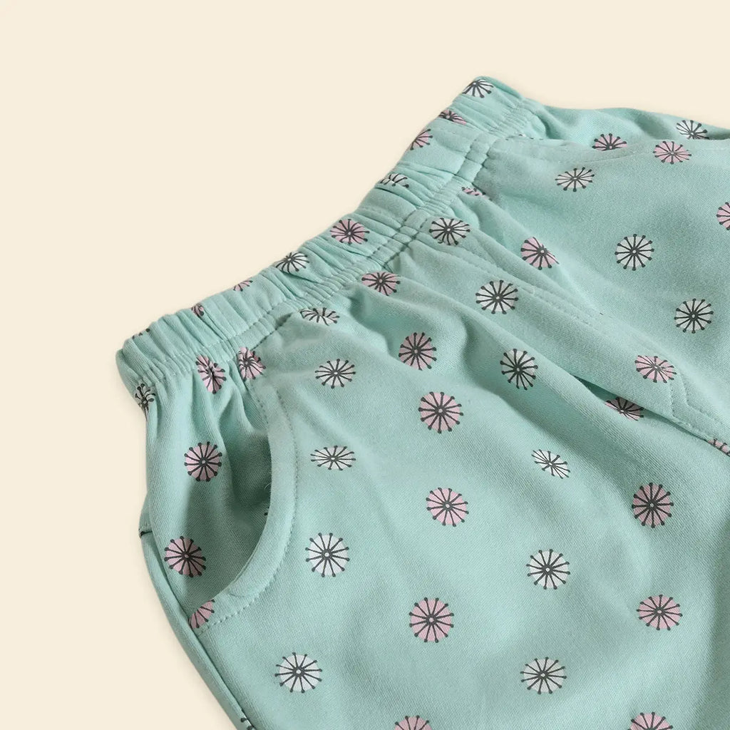 Girls Sea Green Floral Printed Top With Shorts Co-ord Sets Sets