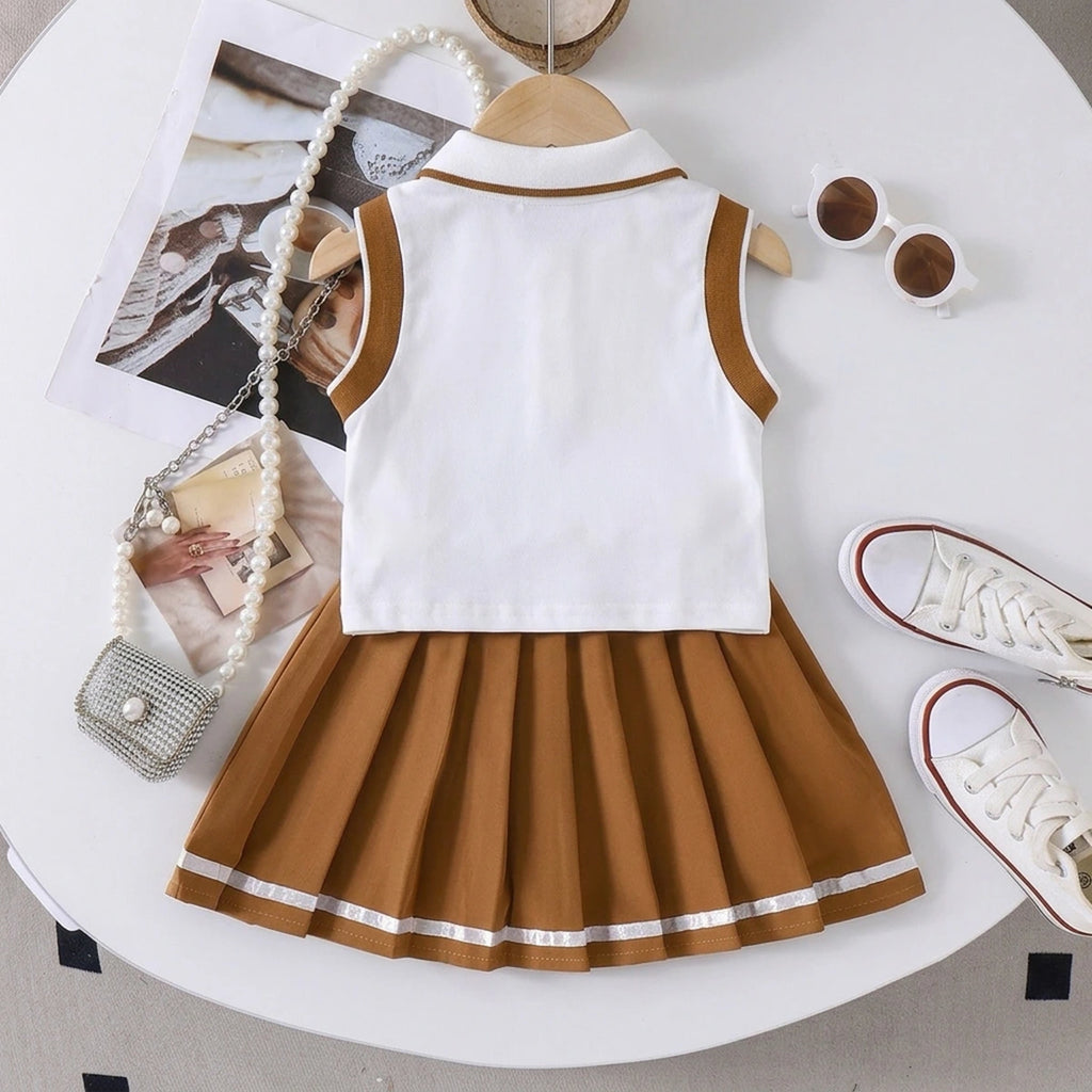 Girls Heart Embroidered Polo Top With Brown Pleated Skirt Sets 2 pc. Sets