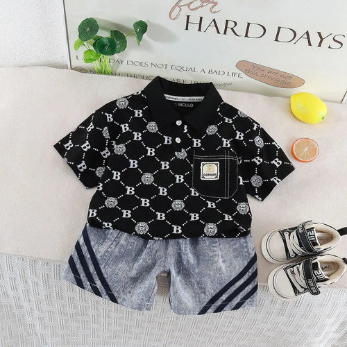 Boys Black Lion Printed Short Sleeve Polo T-Shirt With Denim Shorts Sets 2 pc. Sets Black 1-2 Y