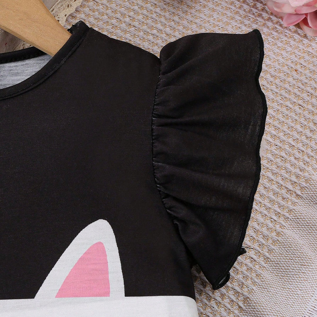 Girls Black-Pink Kitty Print Peplum Top Tops