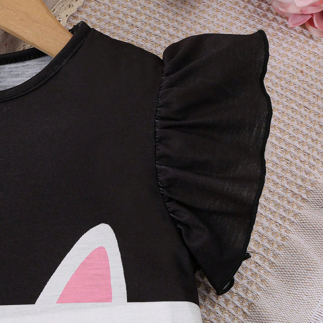 Girls Black-Pink Kitty Print Peplum Top Tops