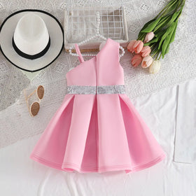 Girls Pink One Shoulder Fit & Flare Party Wear Dress With 3D Flowers Appliques Party Dresses
