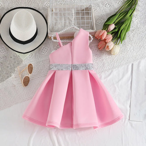 Girls Pink One Shoulder Fit & Flare Party Wear Dress With 3D Flowers Appliques Party Dresses
