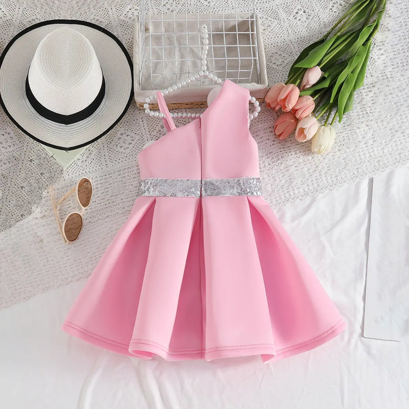 Girls Pink One Shoulder Fit & Flare Party Wear Dress With 3D Flowers Appliques Party Dresses