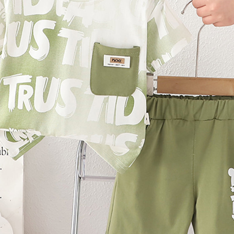 Boys Green Printed Contrast Pocket T-Shirt With Shorts Set 2 pc. Sets