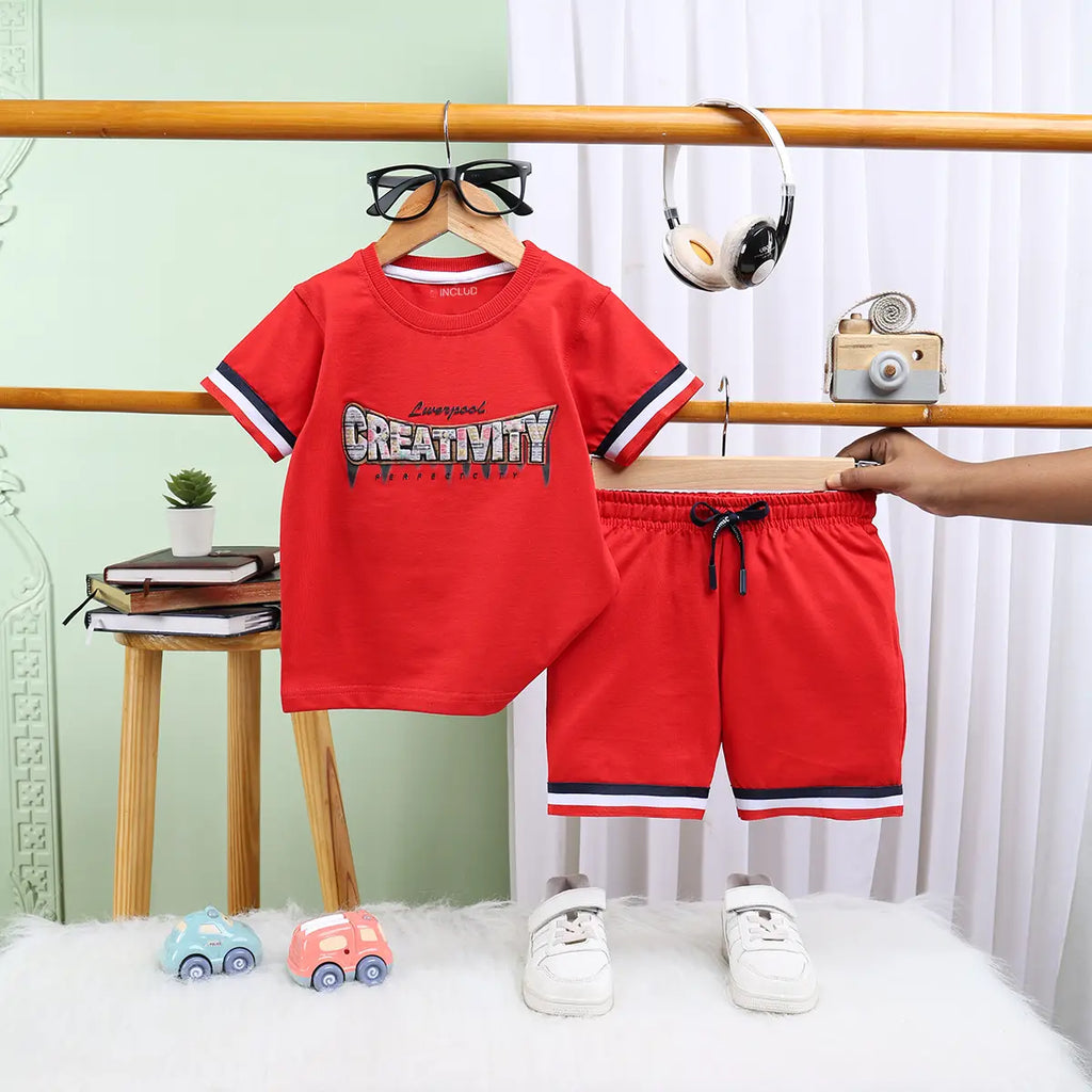 Boys Red Typographic Printed Short Sleeve T-Shirt With Drawstring Shorts Sets Sets
