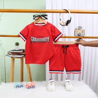 Boys Red Typographic Printed Short Sleeve T-Shirt With Drawstring Shorts Sets Sets