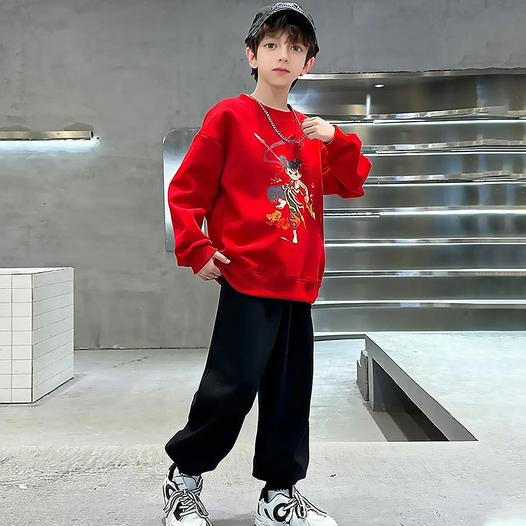 Boys Red Graphics Printed Oversized Sweatshirt With Jogger Co-ord Sets Sets