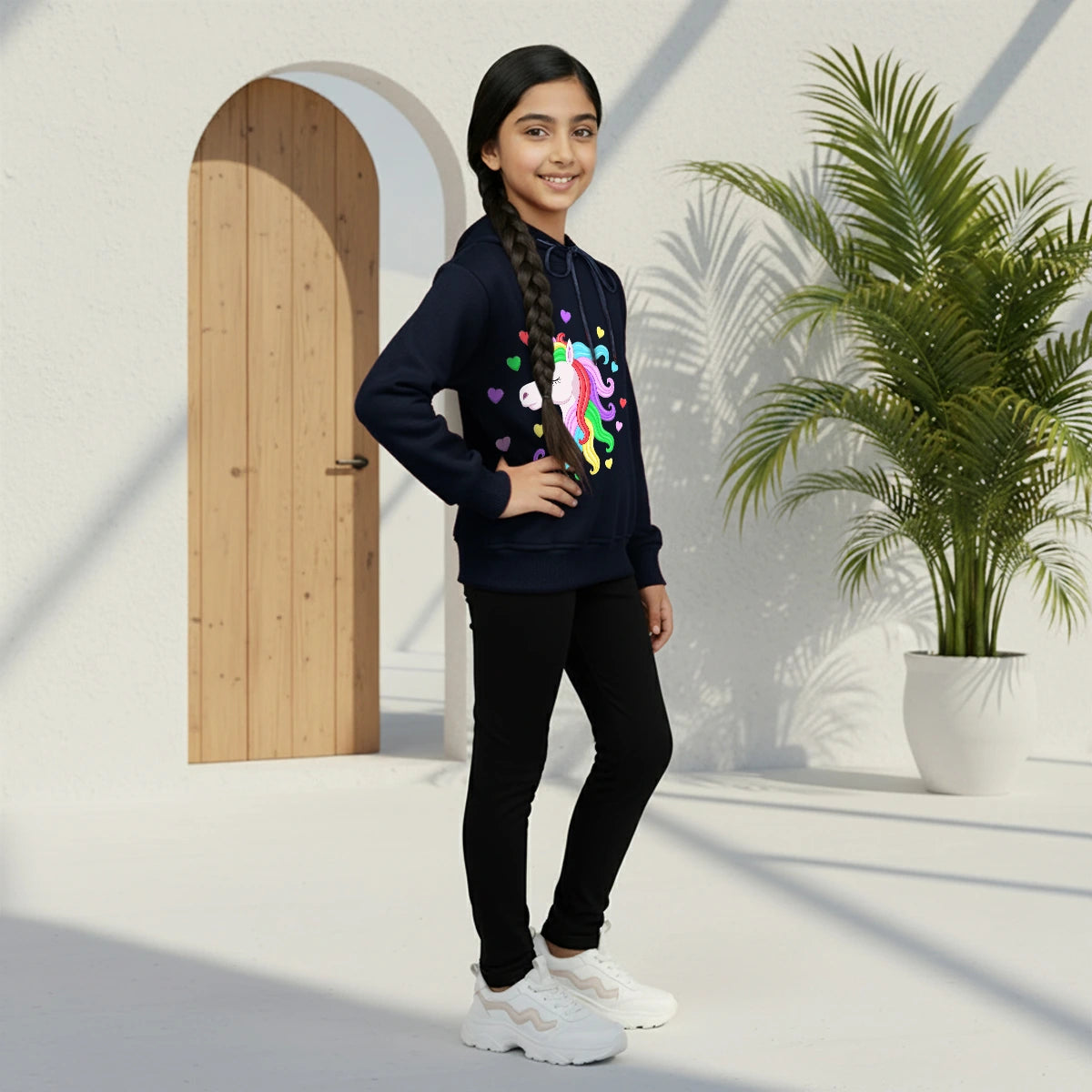 Girls Navy Blue Unicorn Heart Graphics Hooded Sweatshirt Sweatshirts & Hoodies