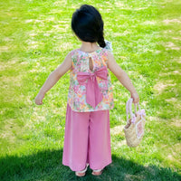 Girls Pink Floral Print Sleeveless Top With Wide-Leg pants Sets Sets