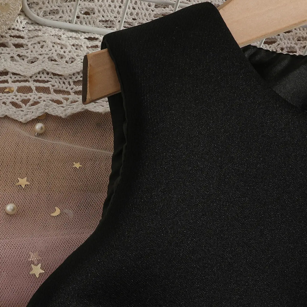 Girls Black Sleeveless A-line Party Wear Dress With Floral Applique Party Dresses