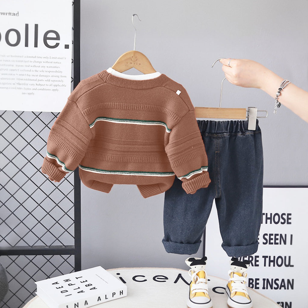 Boys Brown Self-Design Cardigan With T-Shirt and Denim Pants set Sets