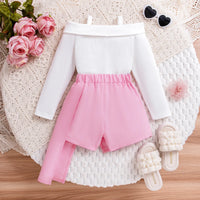 Girls White Off-Shoulder Long Sleeve Top With Shorts Sets 2 pc. Sets