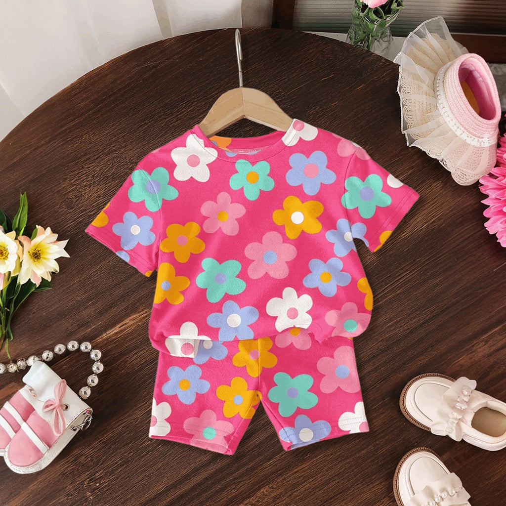Girls Pink Floral Print Short Sleeve T-Shirt With Shorts Sets 2 pc. Sets Pink 3-4 Y
