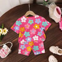 Girls Pink Floral Print Short Sleeve T-Shirt With Shorts Sets 2 pc. Sets Pink 3-4 Y