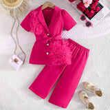 Girls Fuchsia Puff Sleeve Top With Elasticated Pants Sets