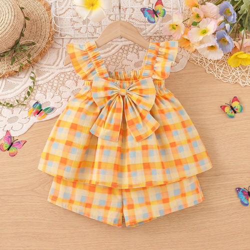 Girls Multicolor Checked Bow Applique Top With Shorts Sets 2 pc. Sets Multicolor 1-2 Y