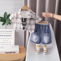 Boys Beige Checked Shirt With Printed T-Shirt & Denim Shorts Set Sets Beige 1-2 Y