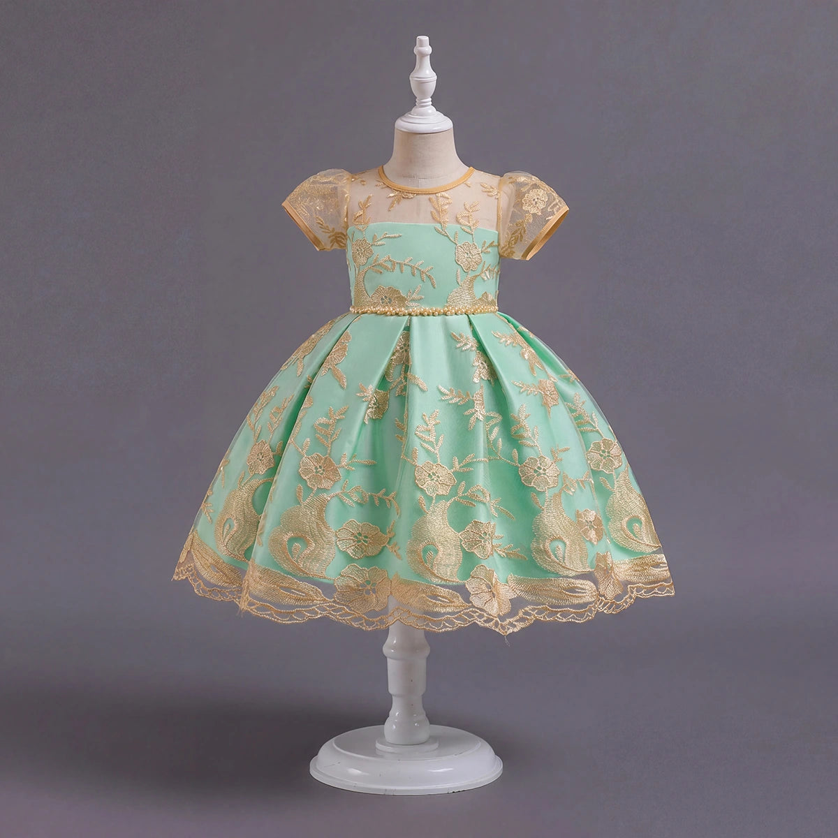 Girls Sea Green Floral Embroidered Fit & Flare Party Wear Dress Party Dresses Sea Green 3-4 Y