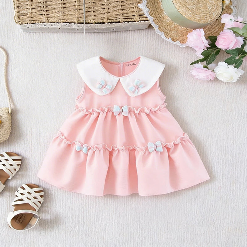 Girls Light Pink Tiered A-Line Dress With Bows Details Casual Dresses Light Pink 1-2 Y