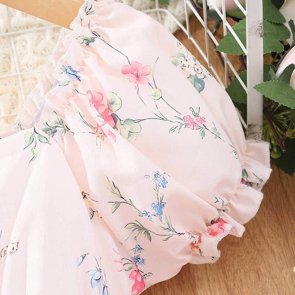 Girls Pink Floral Print Off-Shoulder Dress Casual Dresses