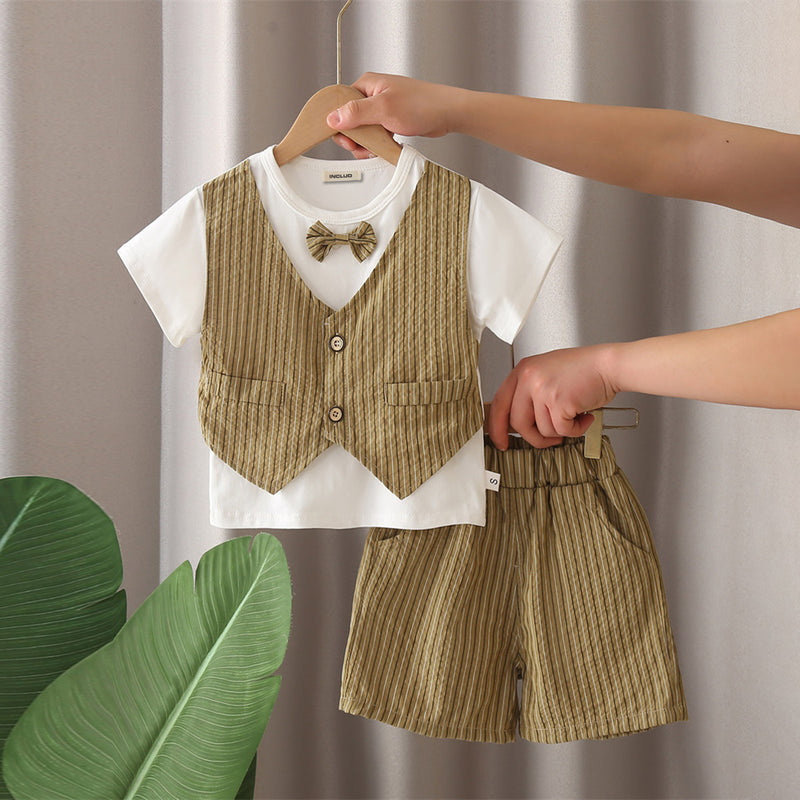 Boys Olive Green Striped Shorts with Short Sleeves T-shirt with attached Waistcoat Set Sets Olive 1-2 Y