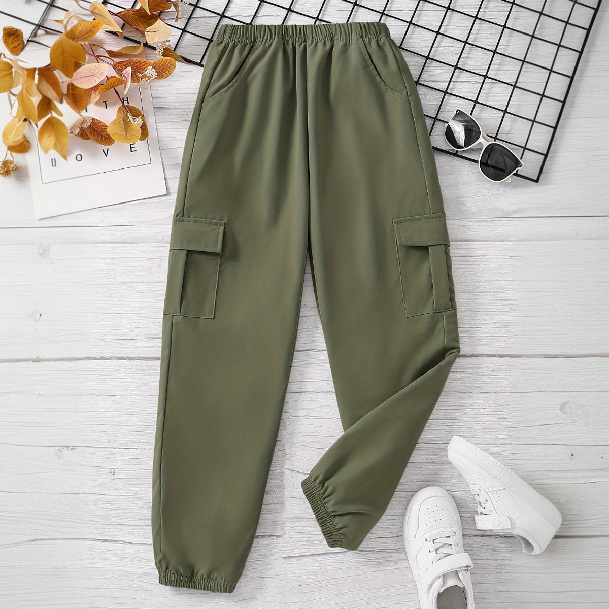 Boys Olive Green Solid Elasticated Bottom Cargo Trouser Cargo Pants Olive 7-8 Y