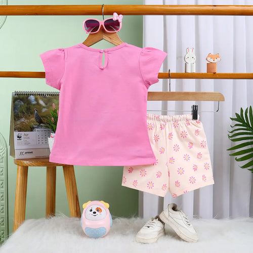Girls Dark Pink Flower Graphic Short Sleeves Top With Printed Shorts Sets Sets