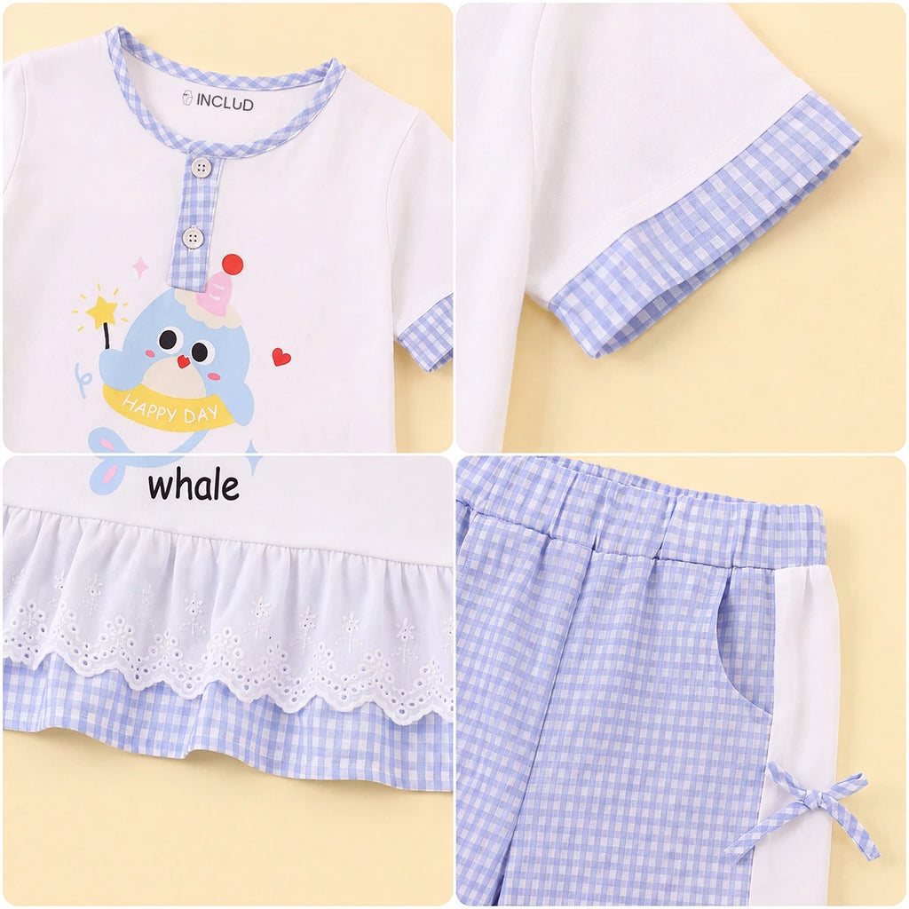 Girls White Graphic Short Sleeve Top With Pants Sets 2 pc. Sets