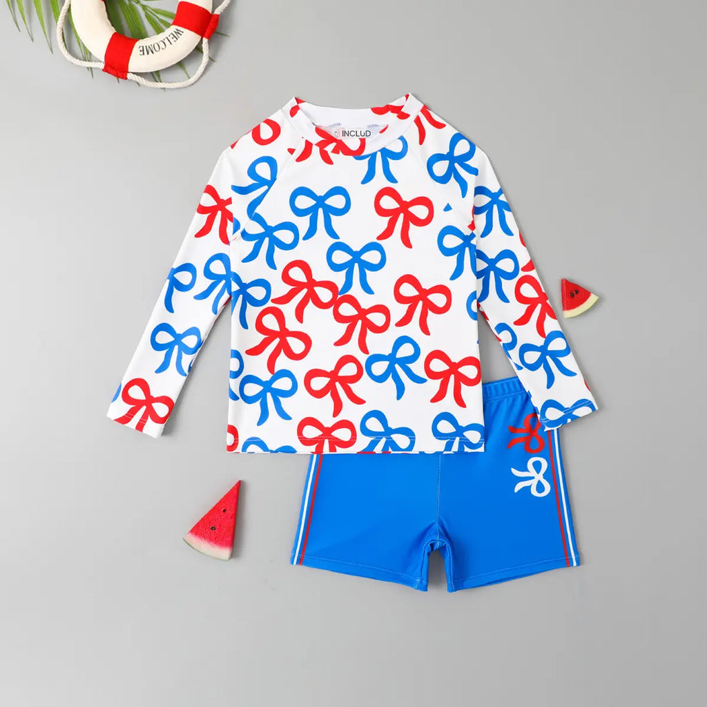 Boys Blue Allover Bow Printed T-Shirt With Shorts Swimwear Sets Beachwear Blue 3-4 Y