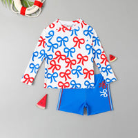 Boys Blue Allover Bow Printed T-Shirt With Shorts Swimwear Sets Beachwear Blue 3-4 Y