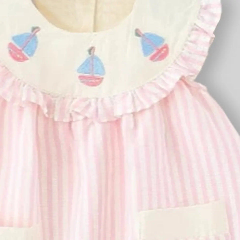 Girls Pink Stripes Sleeveless A-line Dress With Seaboat Embroidery Casual Dresses