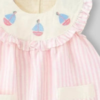 Girls Pink Stripes Sleeveless A-line Dress With Seaboat Embroidery Casual Dresses